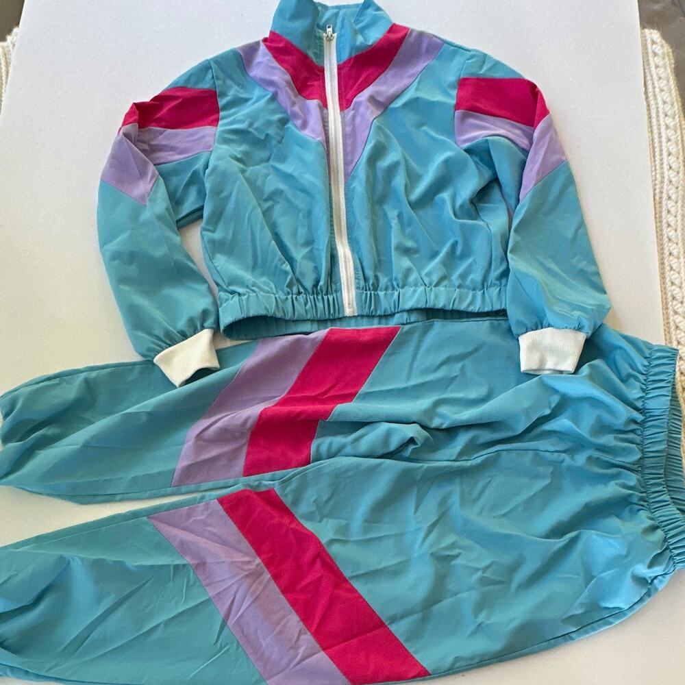 Girls Lg 2-Piece Colorblock Zip Tracksuit 80s 90s hip hop crop top balloon pants